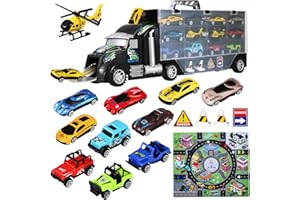 iBaseToy Toddler Toys Car for Boys: 18 Pieces Carrier Truck Transport Vehicles Toys with Carrying Case Helicopters Race Model Car Play Mat - Kids Toys Car Trucks Toy Set for Kids Boys Girls