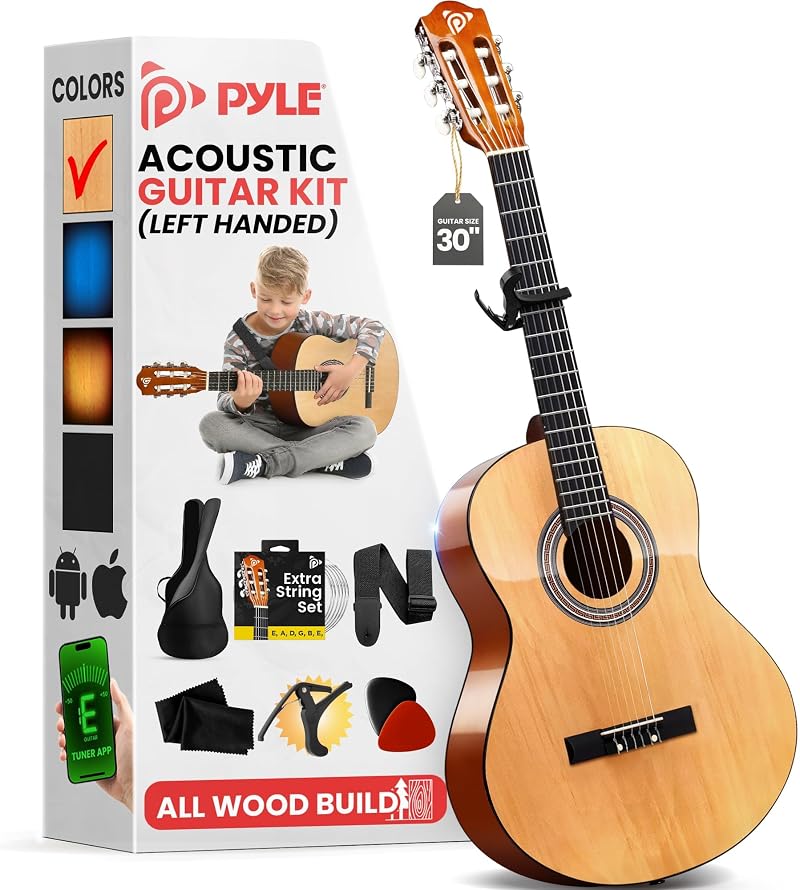 Pyle Left-Handed Beginner Acoustic Guitar Kit 1/4 Junior Size 76 cm