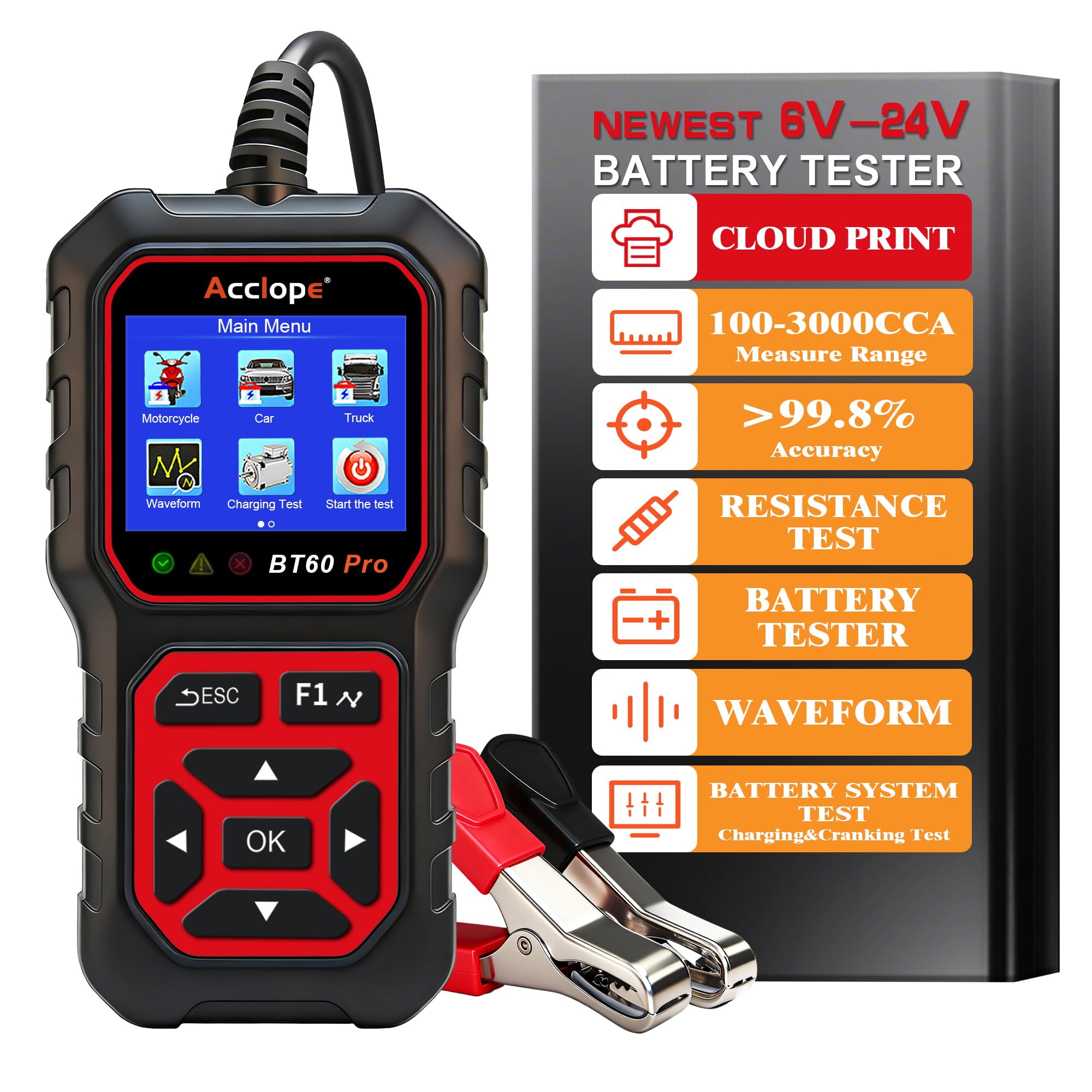Acclope BT60 Pro Car Battery Tester with Cloud Printing,100-3000 CCA, Digital Analyzer for 6V/12V/24V Batteries, AGM Lithium Gel Battery Checker, Automotive Alternator System Image