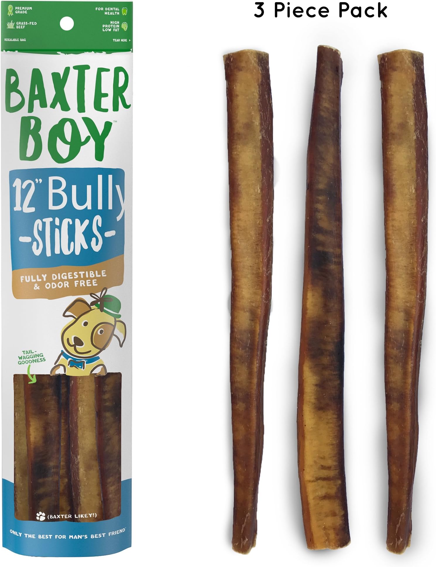 Baxter Boy 12-inch Premium Grade Odor Free Bully Sticks Dog Treats [Jumbo-Thick Size], (3 Pack) – 12” Long Natural Gourmet Chews Dog Treat – Tasty and Fresh Beef Flavor – 60% Longer Lasting