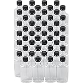 Pellah 200 ml 6.7 oz Flask Bottles with Caps (48 Pack) Leak-Proof Tamper-Evident Lids, Compact Small Plastic Bottle for Liquid Beverage Sauce Liquor (200 ml, Black Caps) Bulk
