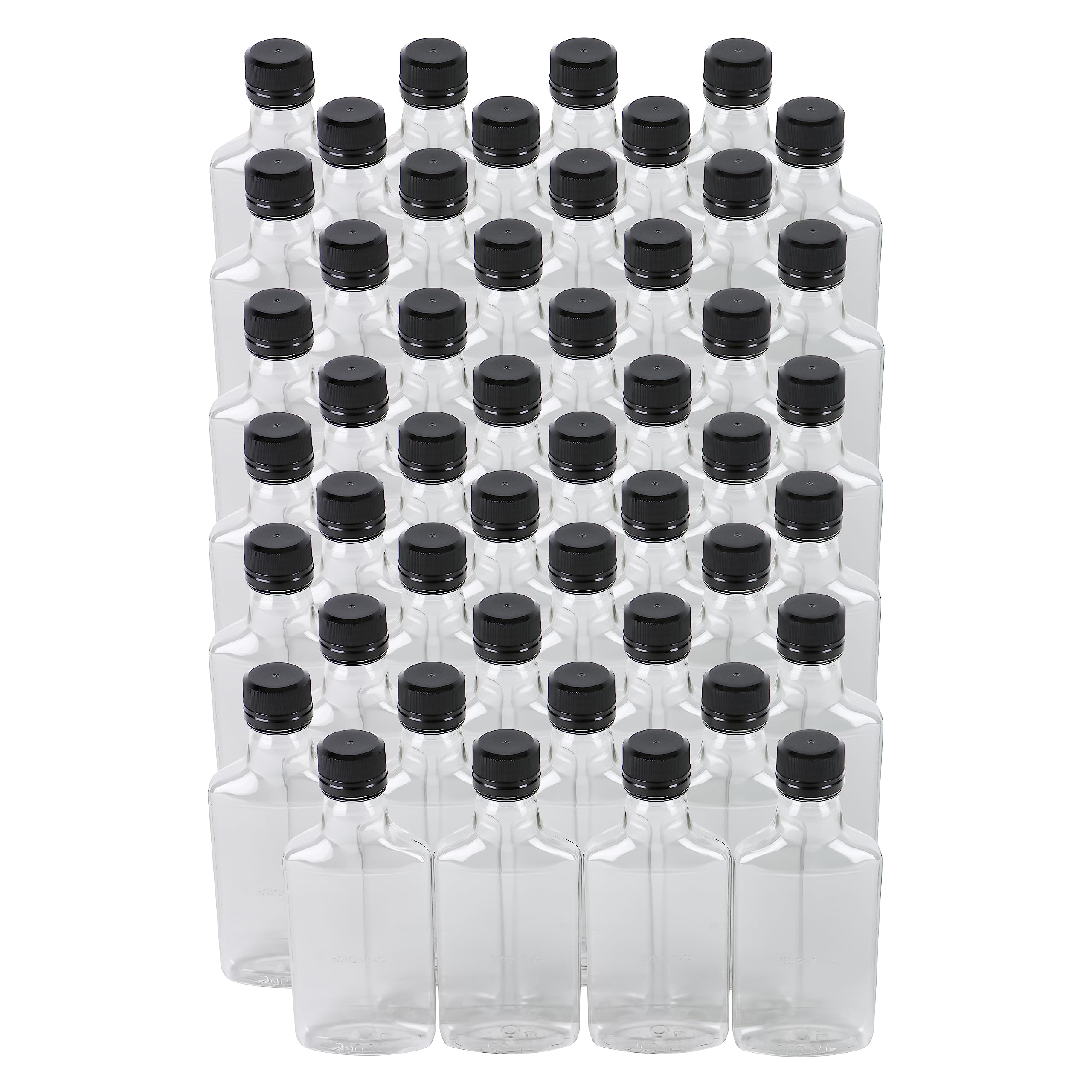 Photo 1 of Pellah 200 ml 6.7 oz Flask Bottles with Caps (48 Pack) Leak-Proof Tamper-Evident Lids, Compact Small Plastic Bottle for Liquid Beverage Sauce Liquor (200 ml, Black Caps) Bulk