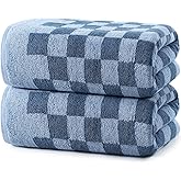 REDKISS Blue Checkered Bath Towels Set - 2 Piece Large Shower Towels for Bathroom Decoration, Highly Absorbent Cotton Bath Towel of 2, Cute Checkered Shower Retro Towel for Bathroom