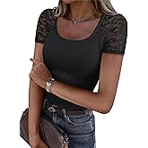 ANRABESS Womens Short Sleeve Shirts Scoop Neck Lace Going Out Tops Slim Fit Rib Knit Casual Tee 2026 Summer Fashion Outfits