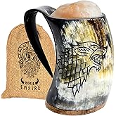 NORSE EMPIRE Viking Drinking Fenrir Engraving Horn Mug,16-20oz | The Ultimate Unique Handmade Ox horn Mug for Cold Drinks - 100% food safe. Vikings Horn cups (Roaring Fenrir - Polished)