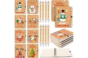 16 Sets Christmas Notebooks with Pens Bulk Gifts Christmas Kraft Spiral Pocket Notepads Xmas Bamboo Ballpoint Pens Xmas Party