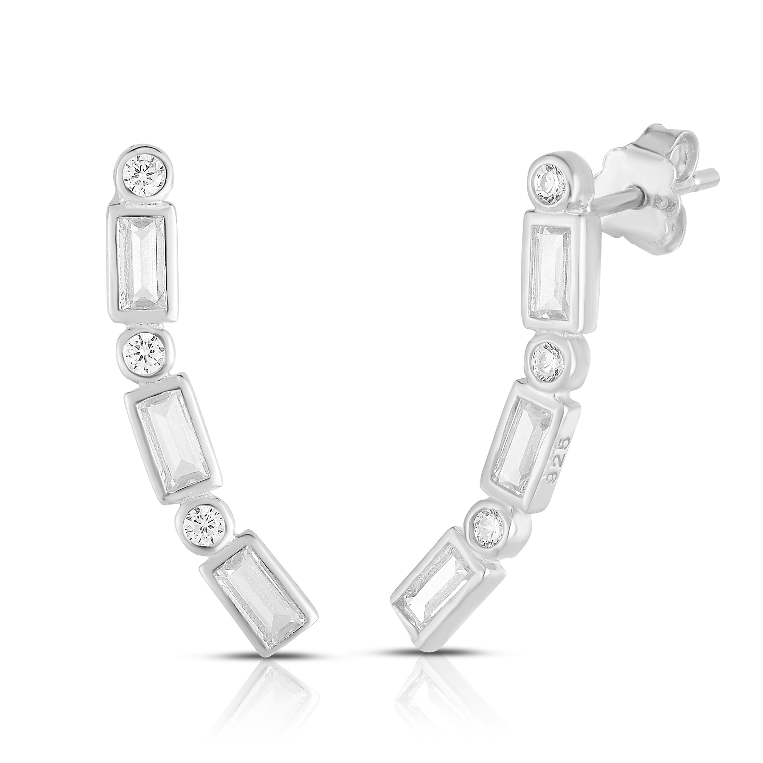 Rhodium Plated Sterling Silver Round and Baguette Cubic Zirconia Ear Crawler Stud Earrings