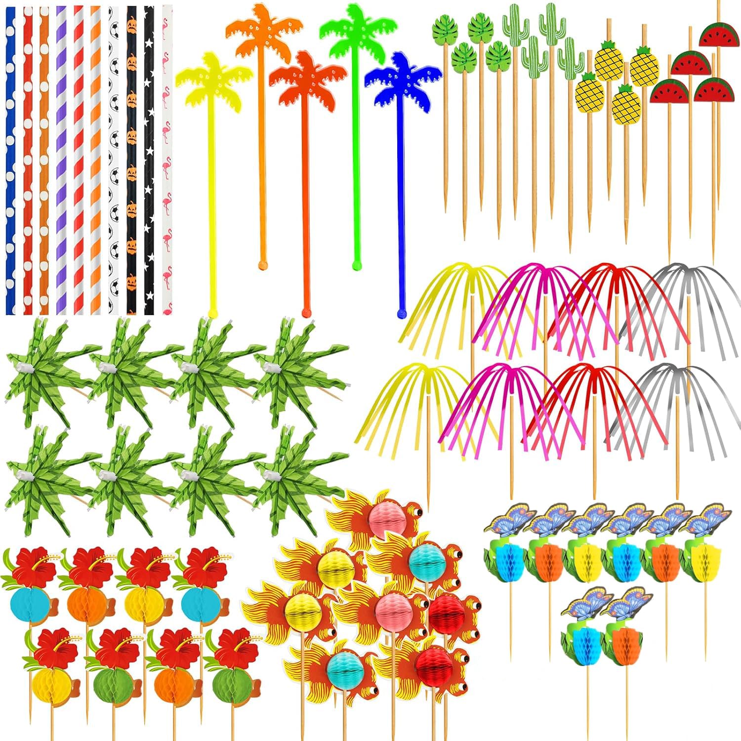Ysimple 153Pcs Cocktail Accessories for Drinks, Reusable Cocktail Party Decorations with Cocktail Umbrella Sparklers Cocktail Straws Sticks for Festival, Hawaiian Party Decorations, Beach Bar