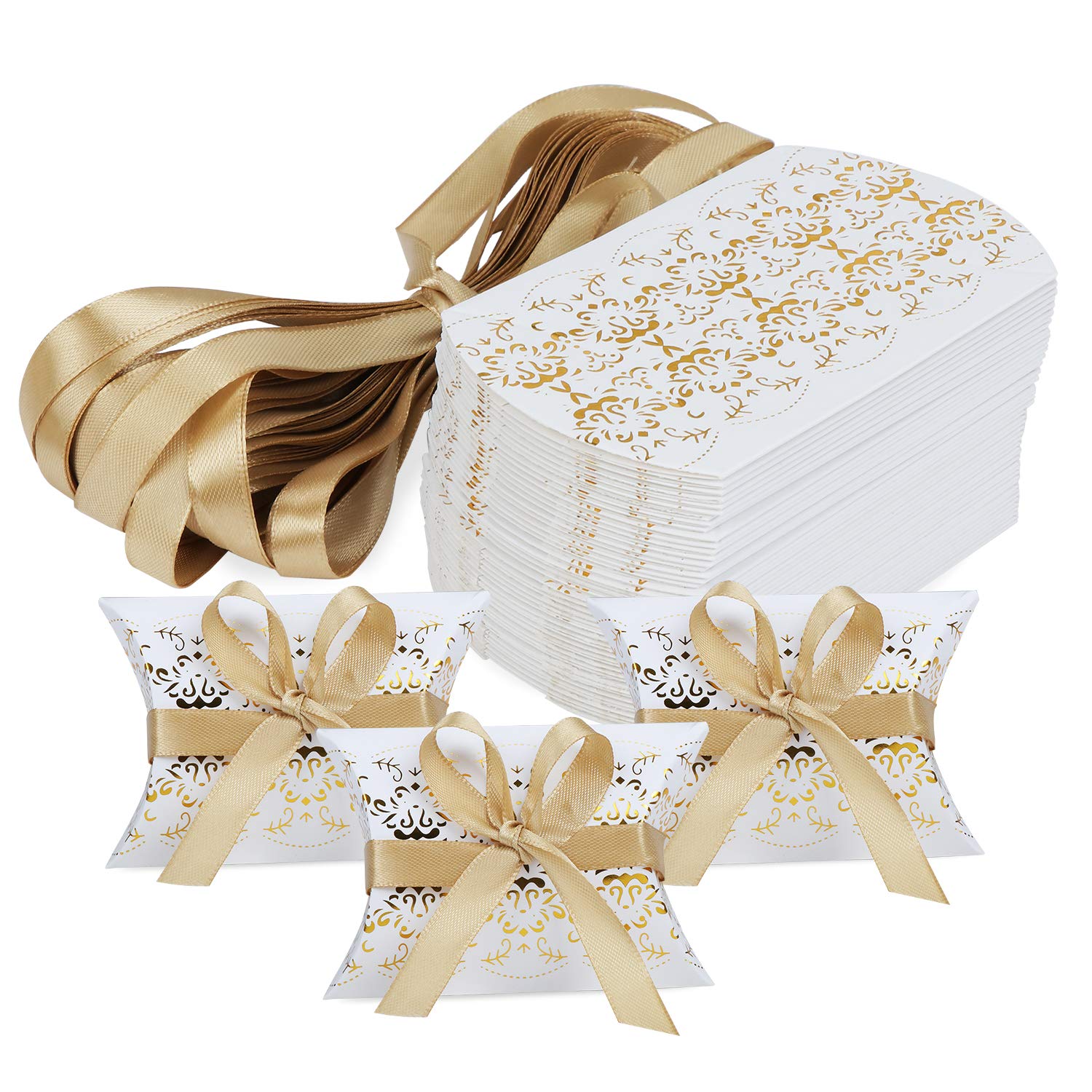 HSEAMALL Pillow Shape Wedding Favour Boxes, Party Gift Box Sweets Candy Box 50-Pack (Gold Print)