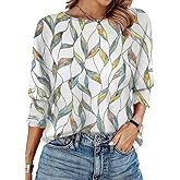 Womens Spring Tops 3/4 Sleeve Loose Fit Blouses Casual Shirts for Work Travel Beach S-XXL