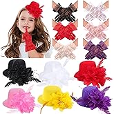 JaGely 12 Pcs Tea Party Fascinator Set Flower Mesh Ribbons Feathers Tea Party Hats for Girls with Lace Gloves for Girls Kids (Bright Color)