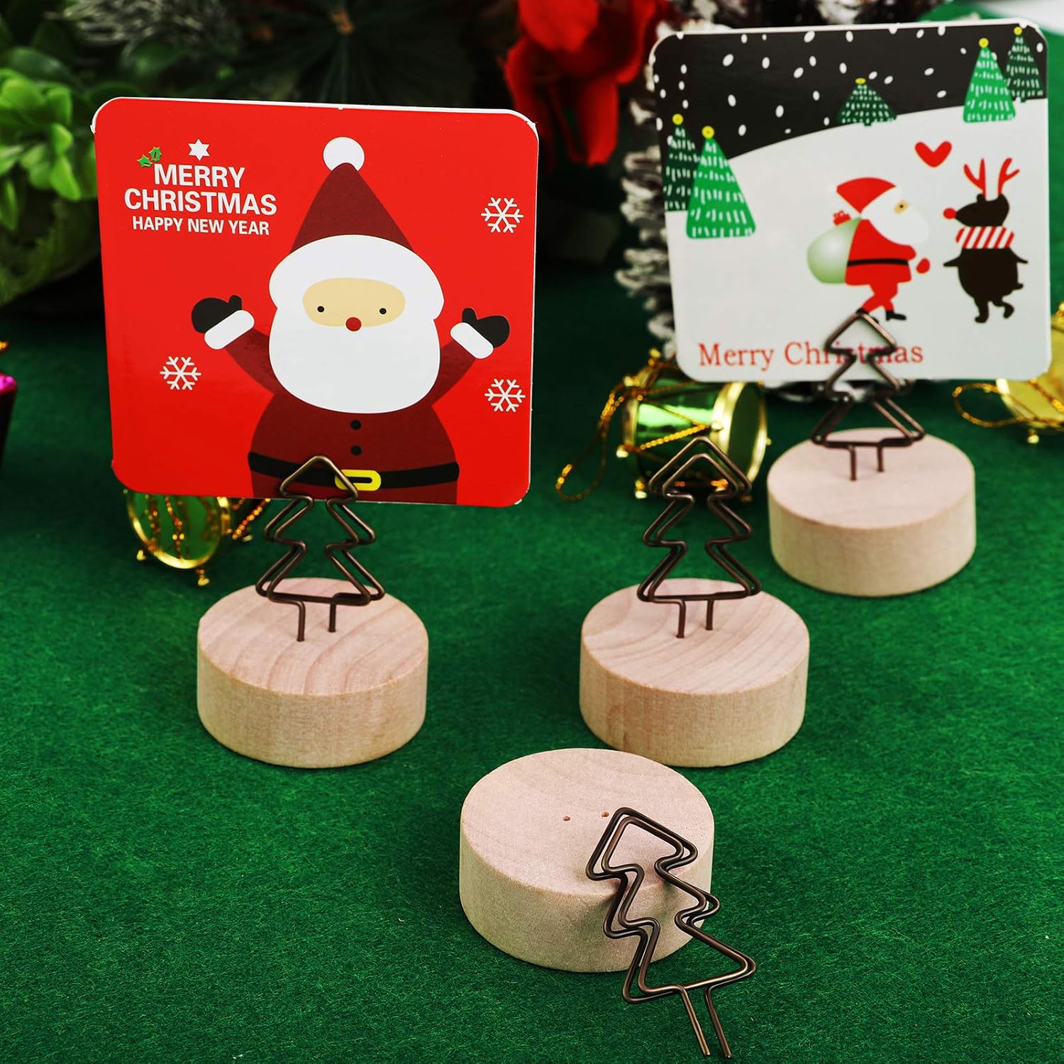ADXCO 12 Pack Christmas Party Decoration Card Holders Wooden Base Card Holders Rustic Iron Wire Picture Picks Clip Holder Picture Memo Note Photo Clip for Wedding Office Christmas Table Decorations: Kitchen & Dining