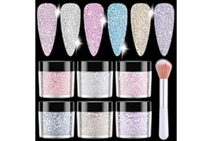 Furtherpretty Reflective Glitter for Nails, 6 Colors Sparkle Nail Powder Diamond Dust Glitter Silver Pink Purple Blue Sugar Dip Powder Shimmer Nail Pigment Set with Brush Nail Salon Supplies