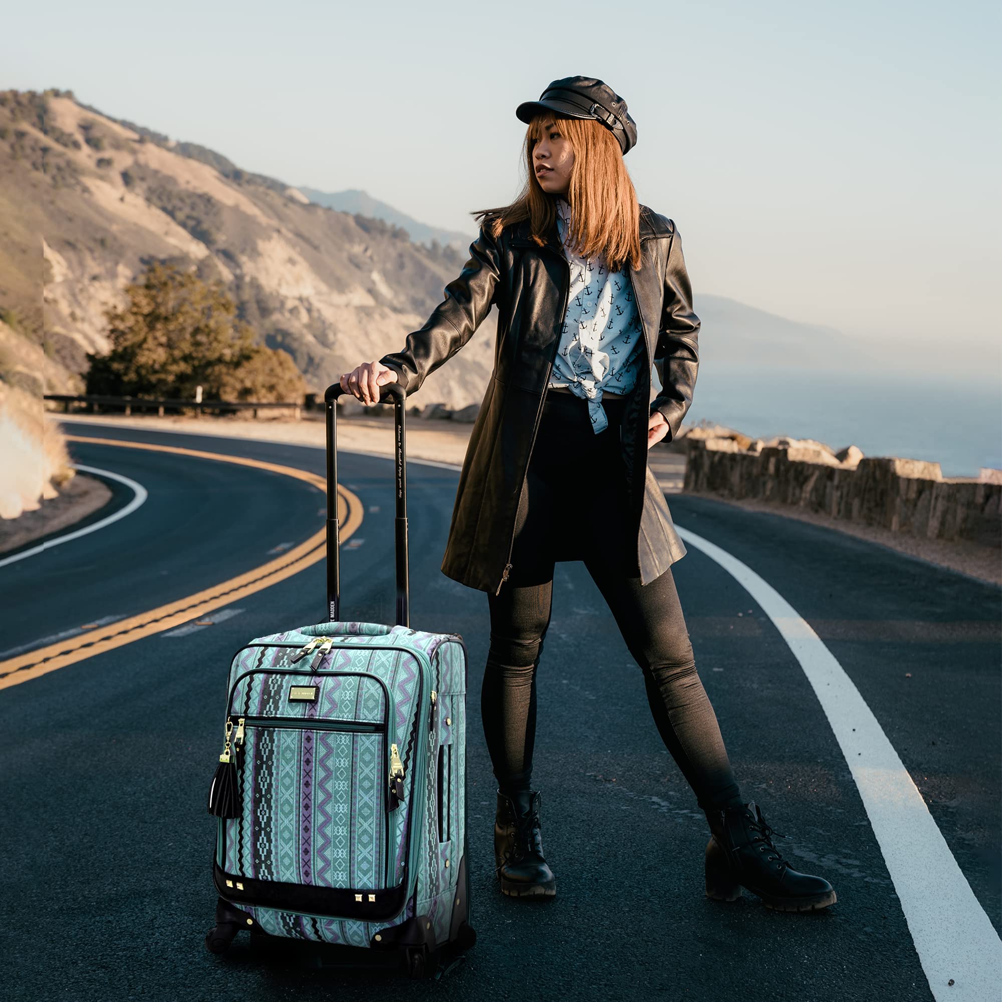Steve Madden Designer Luggage Collection - 3 Piece Softside Expandable Lightweight Spinner Suitcase Set - Travel Set includes 20 Inch Carry on, 24 Inch & 28-Inch Checked Suitcases (Print/Teal)