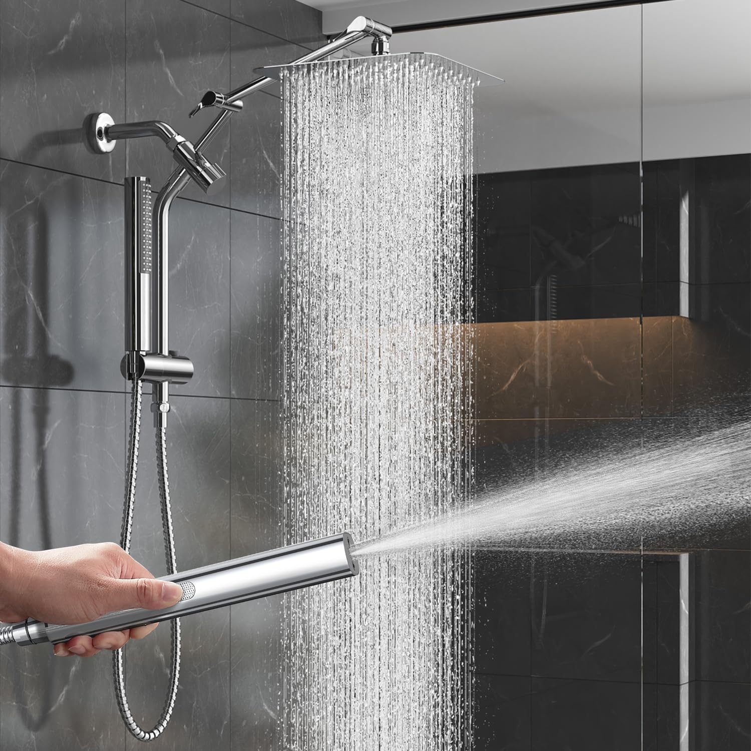 Photo 1 of Veken 10" Luxurious All Metal Rain Shower Head with Handheld, High Pressure Rainfall Shower Heads wih Extension Arm, Wide Dual Showerhead with Spray Combo, Bathroom Accessories, Chrome, Silver