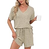 YOKGO Ribbed Lounge Sets for Women Summer Short Sleeve Knit Pajamas V Neck Top and Shorts Soft 2 Piece Loungewear S-3XL
