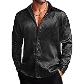 COOFANDY Men's Silk Satin Dress Shirts Jacquard Long Sleeve Floral Button Up Shirts Party Prom Wedding Shirt