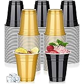 tchrules 100PCS 12oz Plastic Cups for Party, Disposable Black and Gold Graduation Cups Bulk, Black & Gold Plastic Drinking Cup for Halloween Christmas Wedding Birthday Picnic Holiday Party Supplies