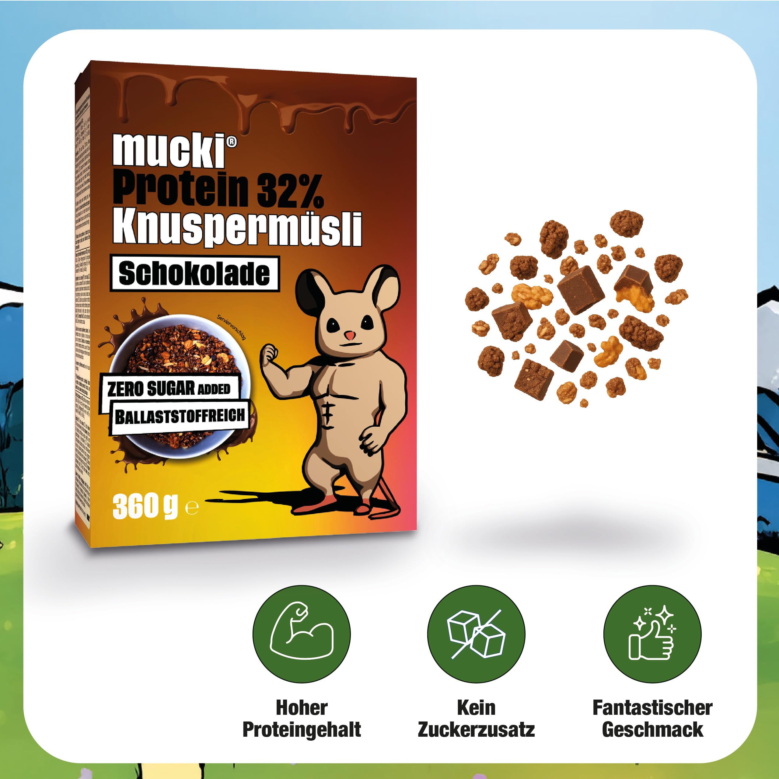 mucki Protein Knuspermüsli mit Schokolade 360g x 7-7er Pack – Hochwertiges Protein Müsli ohne Zucker – Proteinreiches Schokomüsli mit 32% Proteingehalt, Haferflocken, Sojacrispies und Ballaststoffen 3