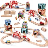 Wooden Train Set for Kids, Wood Train Tracks Complete Town Railway Playset | Train Set for Kids 3-7 with Matching Figures, Vehicles, Stacking and Nesting Blocks, Sorting &amp; Stacking Toys for Boys Girls
