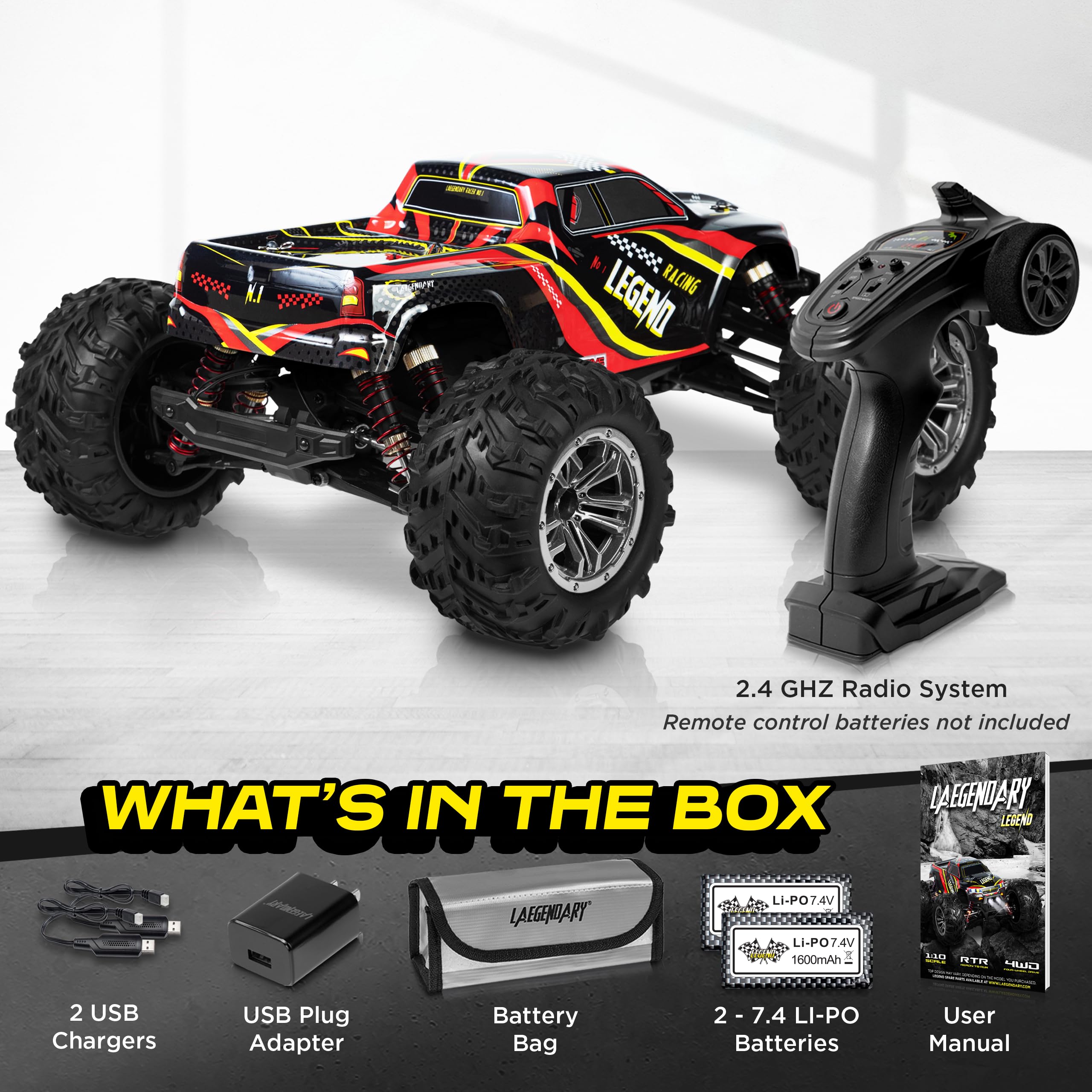 LAEGENDARY Remote Control Car, Hobby Grade RC Car 1:10 Scale Brushed Motor with Two Batteries, 4x4 Off-Road Waterproof RC Truck, Fast RC Cars for Adults, RC Cars, Remote Control Truck