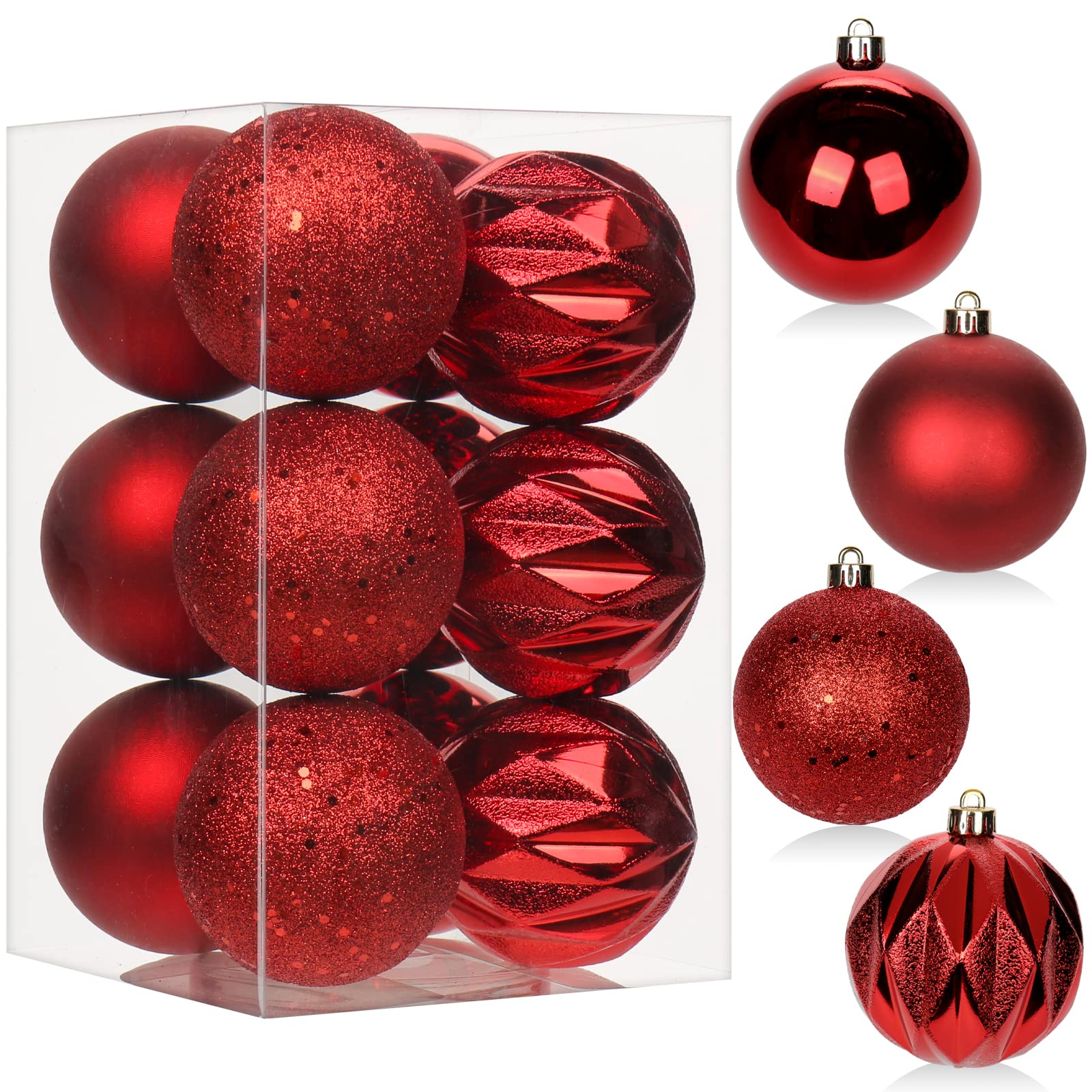 12 pcs Christmas Baubles Xmas Ball Ornaments with Strings, 80mm/3.1" Red Shatterproof Plastic Hanging Decorations, Christmas Tree Pendants for Home Party Wedding Holiday