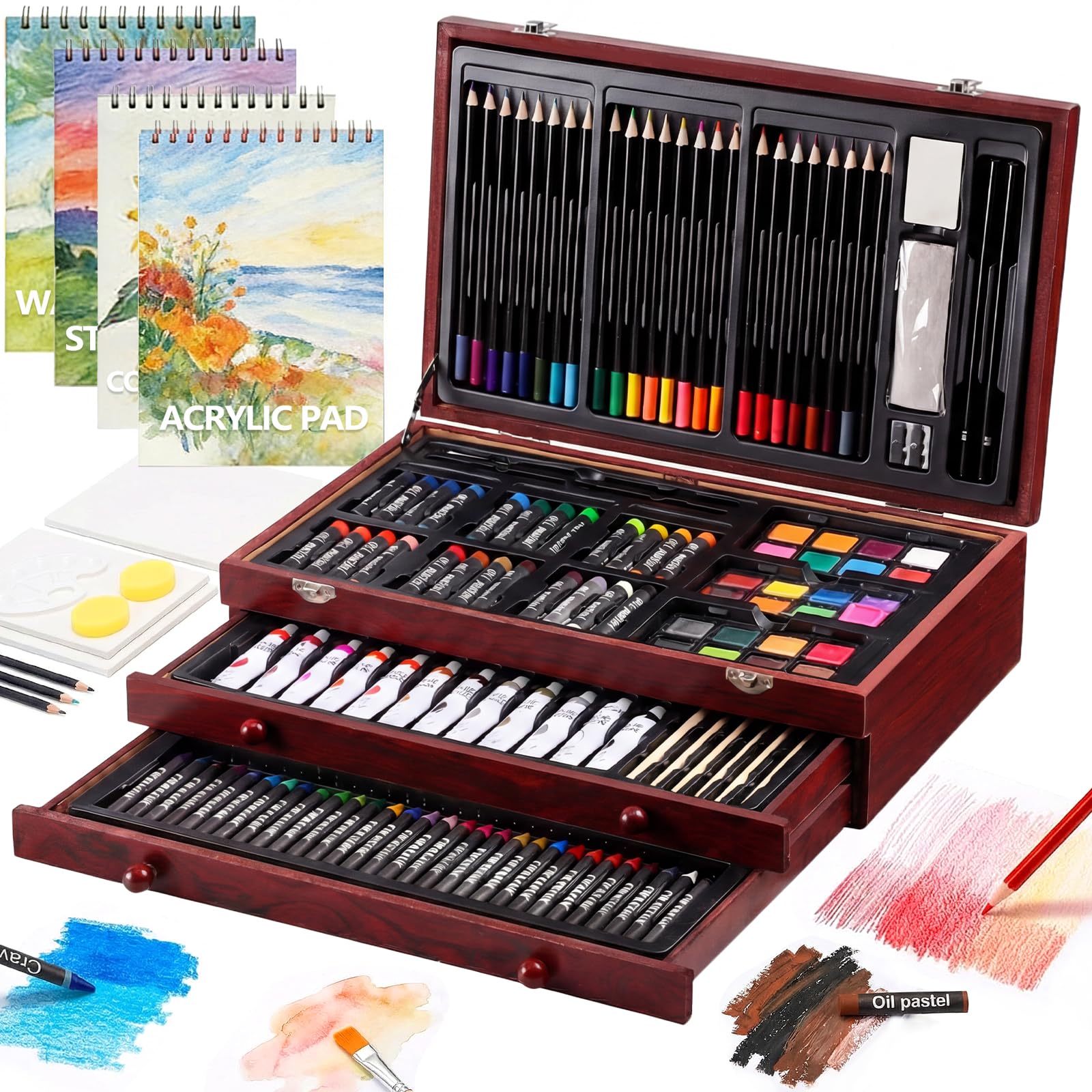 194 Piece Deluxe Art Set, Painting Drawing Art Supplies with 4 Drawing Pads, Acrylic Paints, Crayons, Colored Pencils Set in Wooden Case, Art Kit Gift Box for Kids, Teens, Adults, Artists, Beginners Image