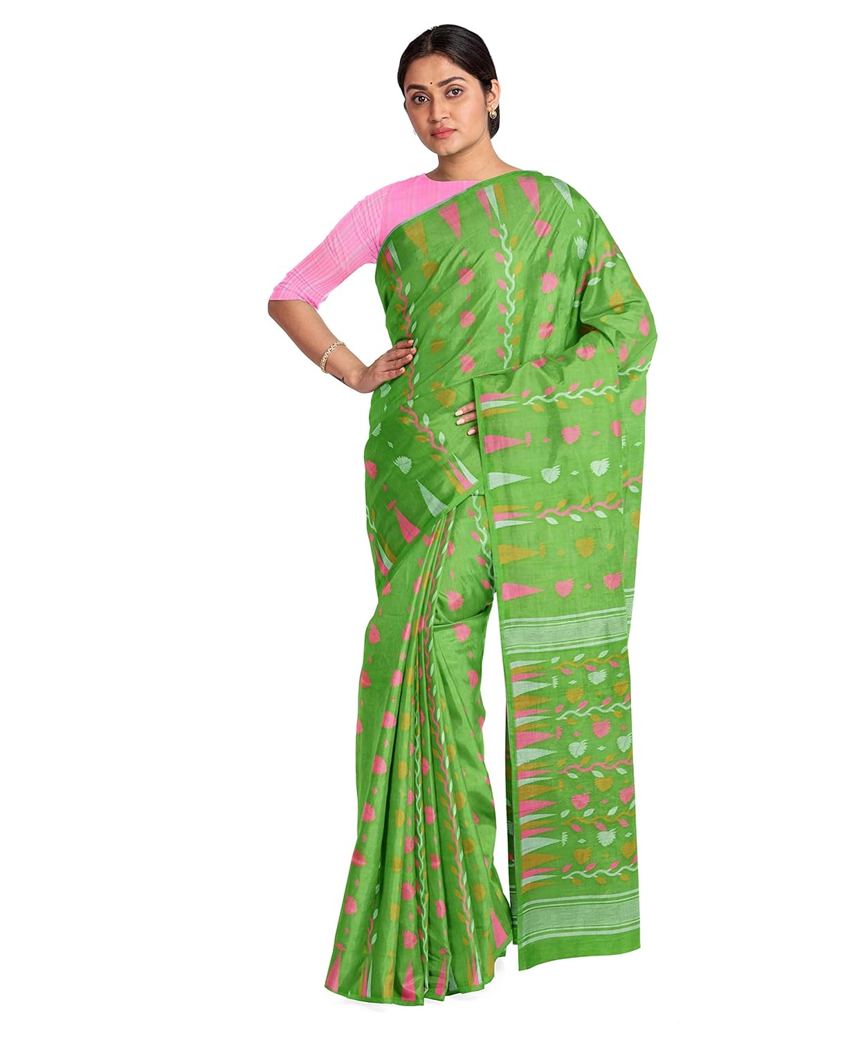 Buy Sarika Women S Temple Border Cotton Dhakai Jamdani Saree Green At Amazon In