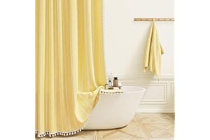 BTTN Boho Farmhouse Shower Curtain, Linen Rustic Weighted Striped Fabric Shower Curtain with Tassel, Water Repellent, Modern Bohemian Vintage Country Cloth Shower Curtains for Bathroom, Yellow, 72x72