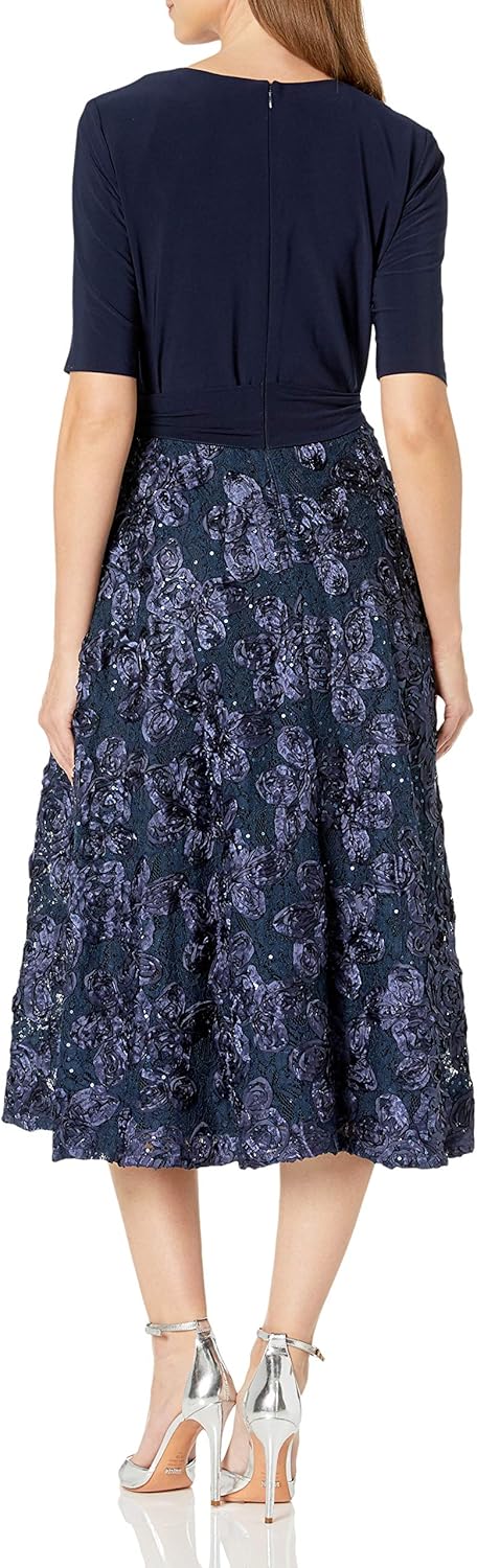 Alex Evenings Women's Tea Length Dress with Rosette Detail: Clothing