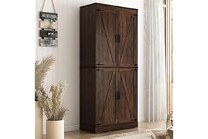 Hlivelood 71" Tall Kitchen Pantry,Farmhouse Storage Cabinet with Adjustable Shelves,Load-Bearing Steel Pipe,Farmhouse Pantry Cabinet with 4 Barn Doors, for Kitchen,Dining Room,Living Room(Brown)