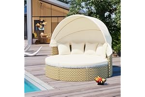 IBRACCIENI Outdoor Round Daybed - Patio Sectional Sofa Set with Retractable Canopy, Extendable Table, Pillows & Removable Cushions, Modular Rattan Wicker Sofa Set for Lawn Garden Backyard Porch Pool, Beige