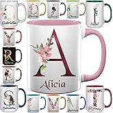 Custom Coffee Mugs - Personalized Ceramic Cups with Initial Letter Name Monogram - Customized Floral Mugs Gift - 11 & 15 oz