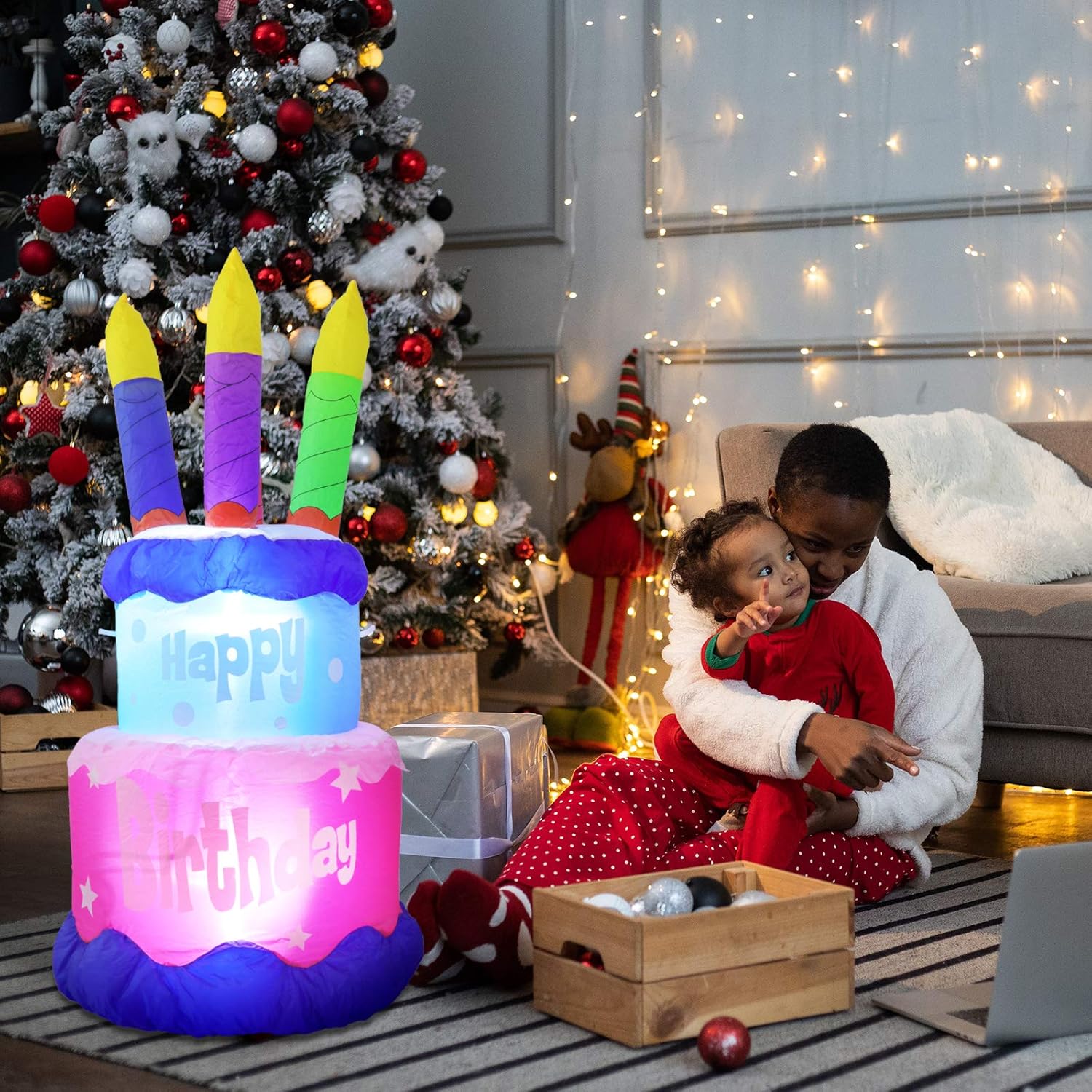MUMTOP 4 Foot Tall Inflatable Happy Birthday Cake with 4 Candle Indoor Outdoor LED Light Holiday Decorations, Blow up Lighted Garden Decor, Lawn Inflatable Home Yard Party Favor Decoration: Garden & Outdoor