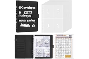 AKONEGE 100 Envelopes Money Saving Challenge Binder, A5 Budget Planner Savings Challenge Books with Cash Envelopes, Easy and Fun Way to Save $5,050, 500, 10,000, Savings Binder for Budgeting, Black