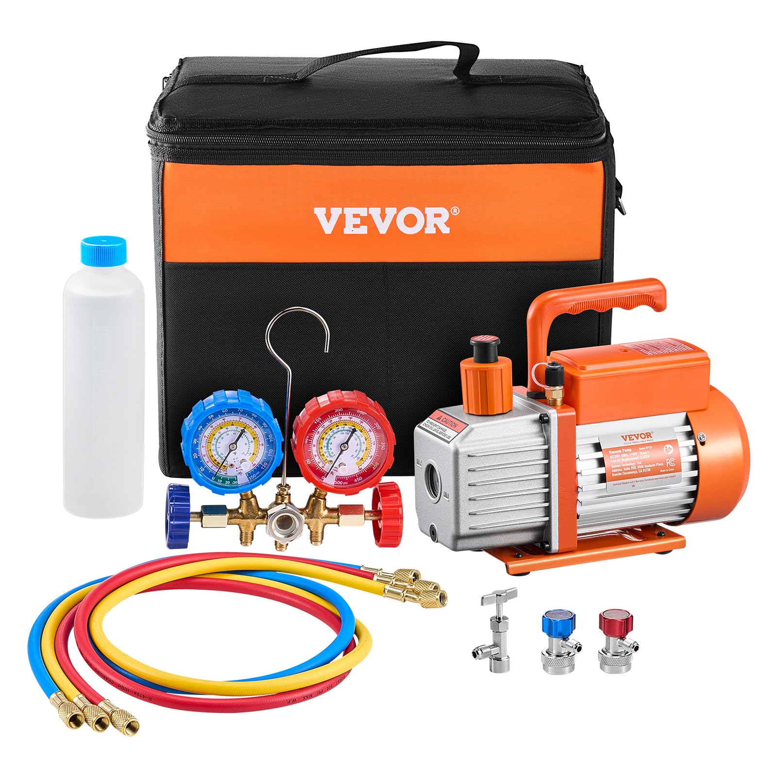 VEVOR 3,5 CFM AC-Vakuumpumpe und Manometer-Set, einstufige Drehschieber-HVAC-Luftvakuumpumpe, A/C-Kältemittelverteiler-Manometer-Kit, mit Schläuchen, Klimaanlagenkühlung für R134a, R12, R22, R502a 9