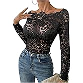 Floerns Women's Floral Lace T Shirts Off The Shoulder See Through Tops Without Bra