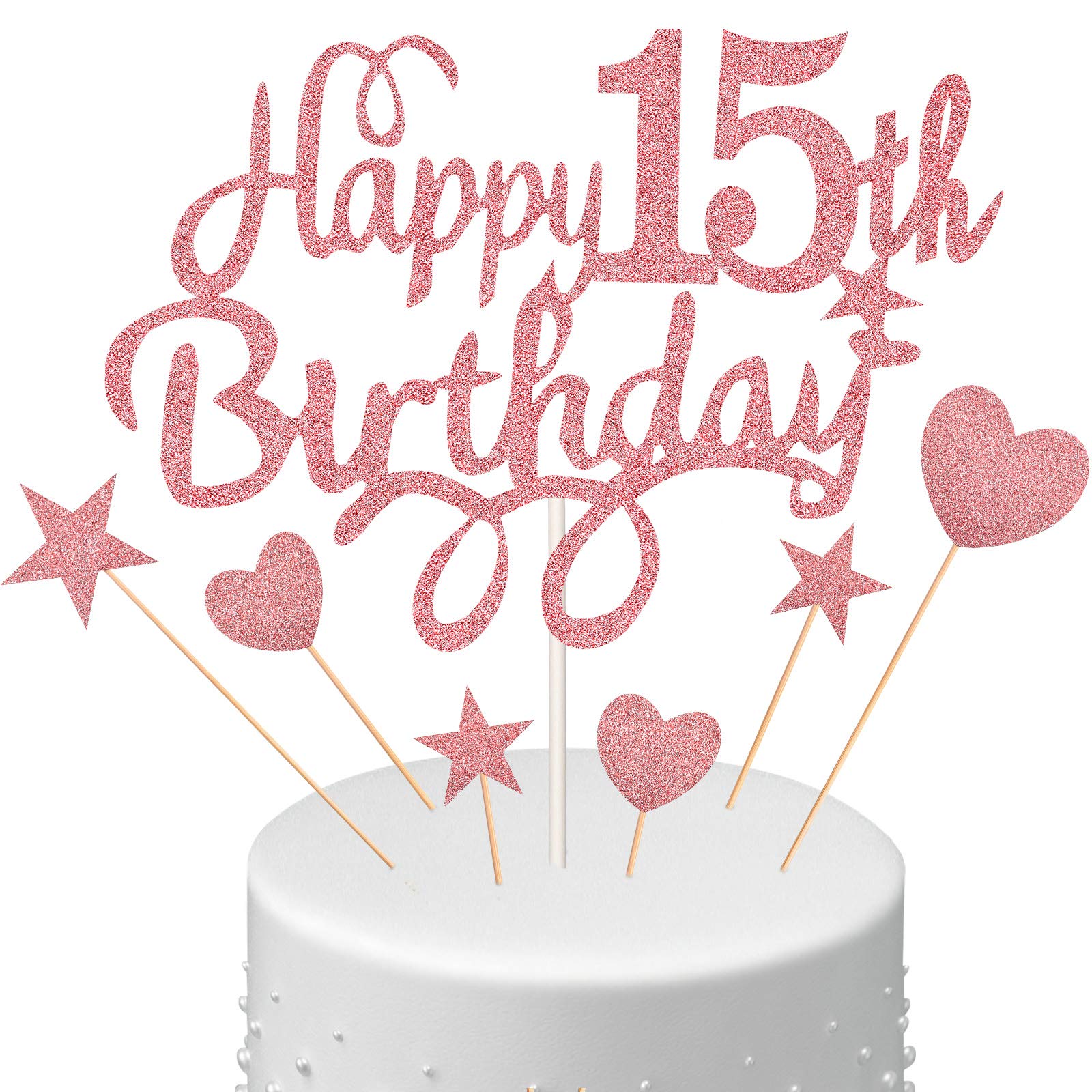 15th Birthday Cake Topper Set Glitter Happy Birthday Cake Pick with Heart Star Cupcake Cake Topper for Celebrating 15th Birthday Party Decoration Cake Party Supplies, Rose Gold