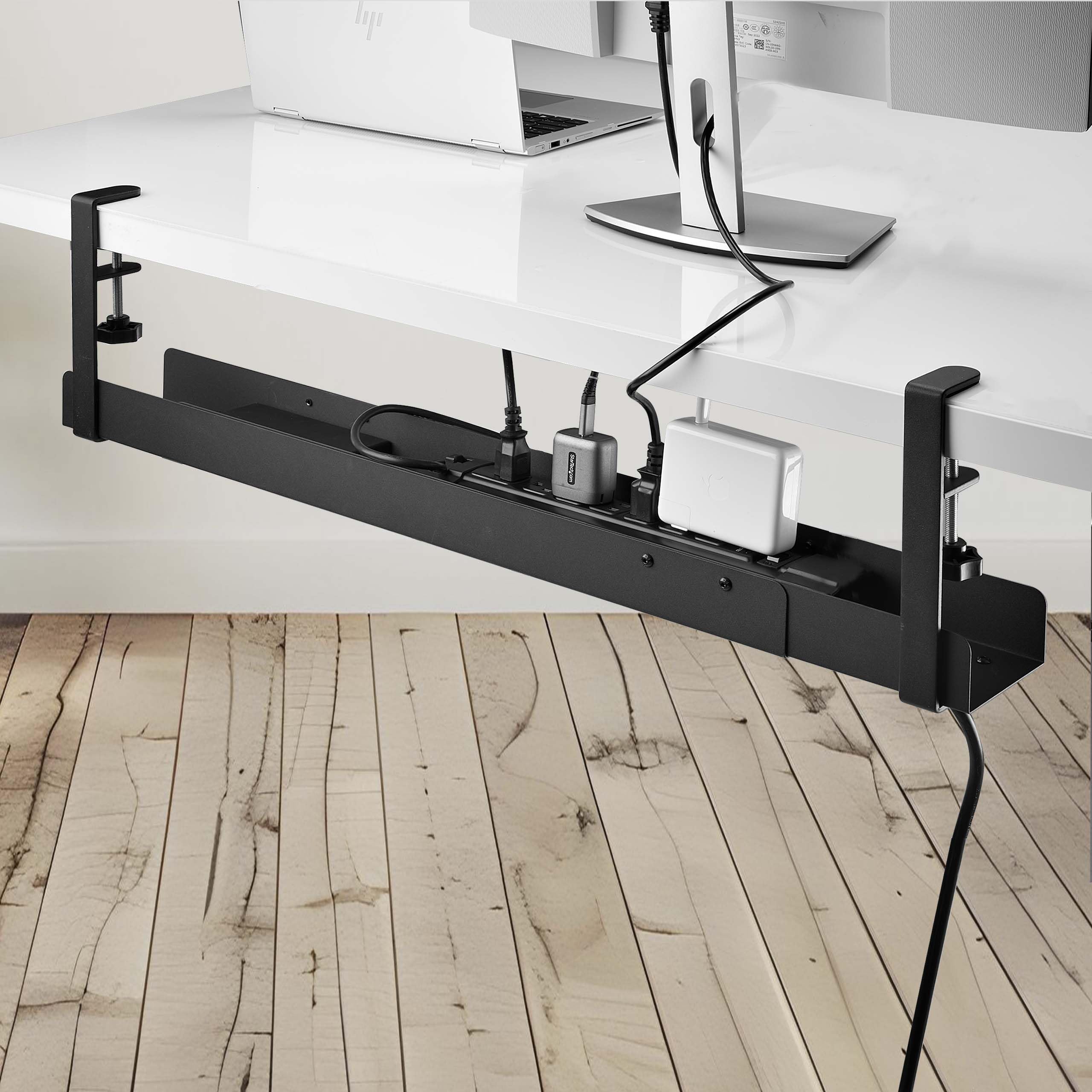 StarTech.com Under Desk Cable Management Tray, Length Adjustable, Clamp-On Installation, No Drilling Required, Black
