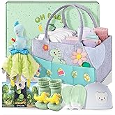 Coralogo Baby Shower Gift Basket - Baby Gift Set with Diaper Caddy, Gifts for New Mom, Gender Reveal Gifts, New Born Essential Include Security Blanket Hat Bib Socks Mittens, Boy