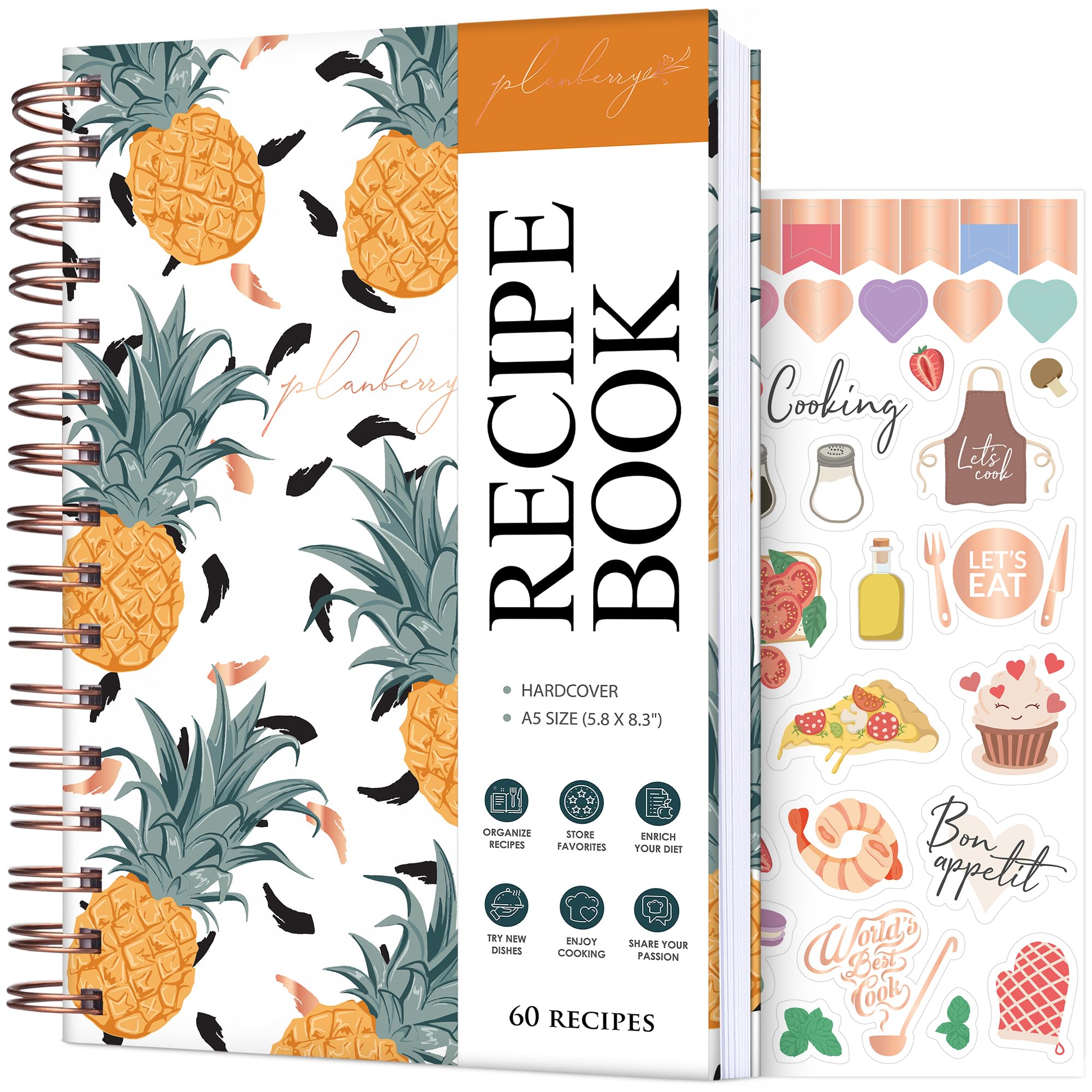 PLANBERRY Recipe Book – Blank Hardcover Cookbook to Write in Your Own Recipes – Empty Cook Book Journal to Fill in – Blank Family Recipe Notebook – 60 Recipes, 14x21cm (Pineapple)