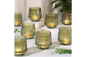 REISEN 12pcs Large Green Votive Candle Holders, 3.16"×3.16" Green Votives with Vintage Floral Design, Votive Candle Holder for Wedding Decor, Table Centerpiece, Tea Party Baby Shower