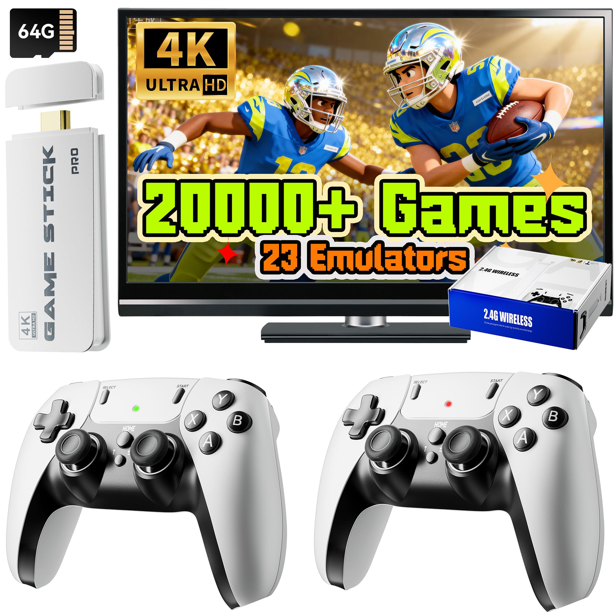 Photo 1 of Upgrade Retro Gaming Console Pro, Wireless Retro Game Stick Console with 20000+ Games, Built-in 23 Game Emulators, Video Games Plug and Play with Upgrade Dual 2.4G Wireless Controllers White (64G)