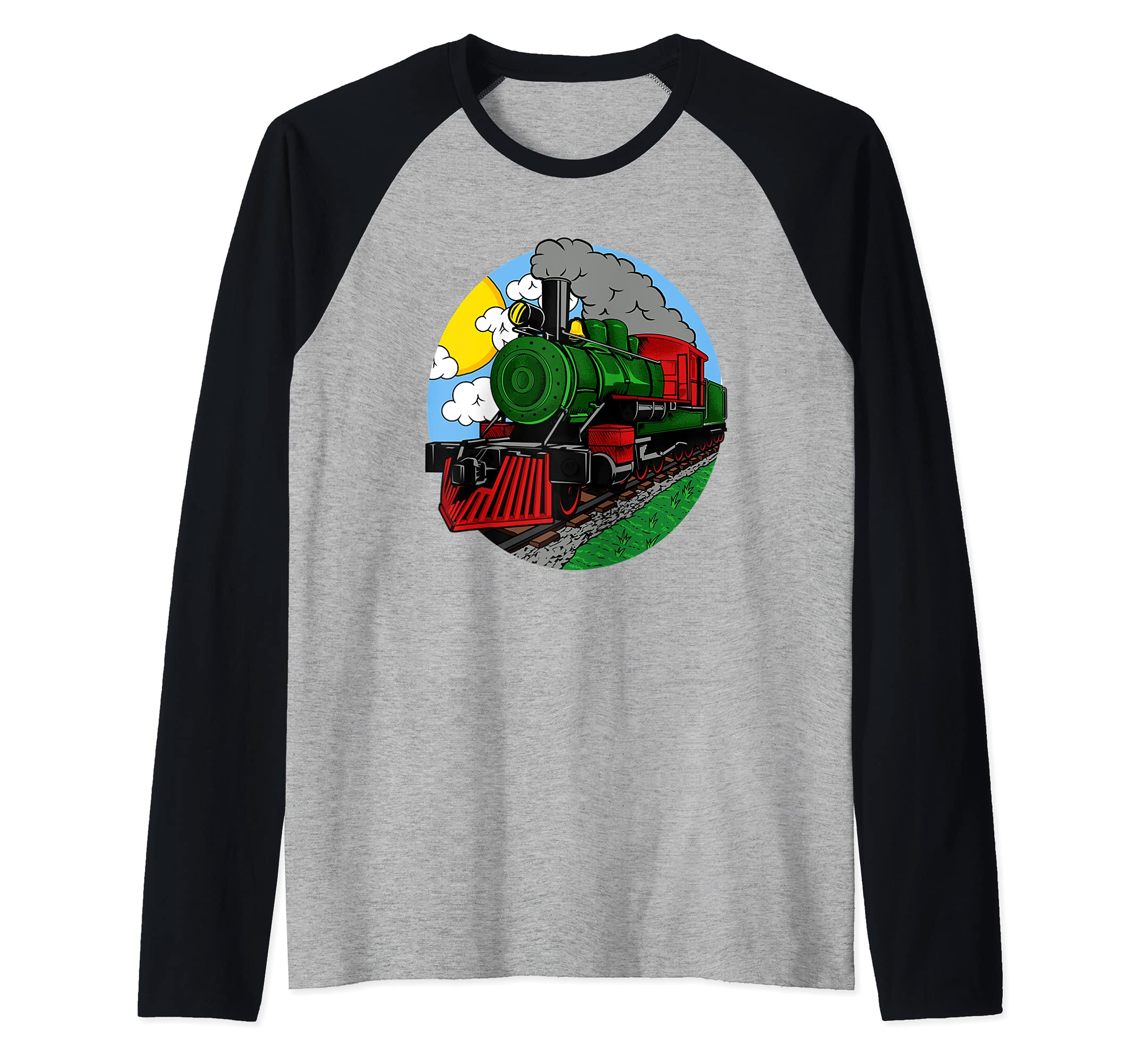 Steam Locomotive Gift For Boys or Girls Railroad Train Raglan Baseball Tee