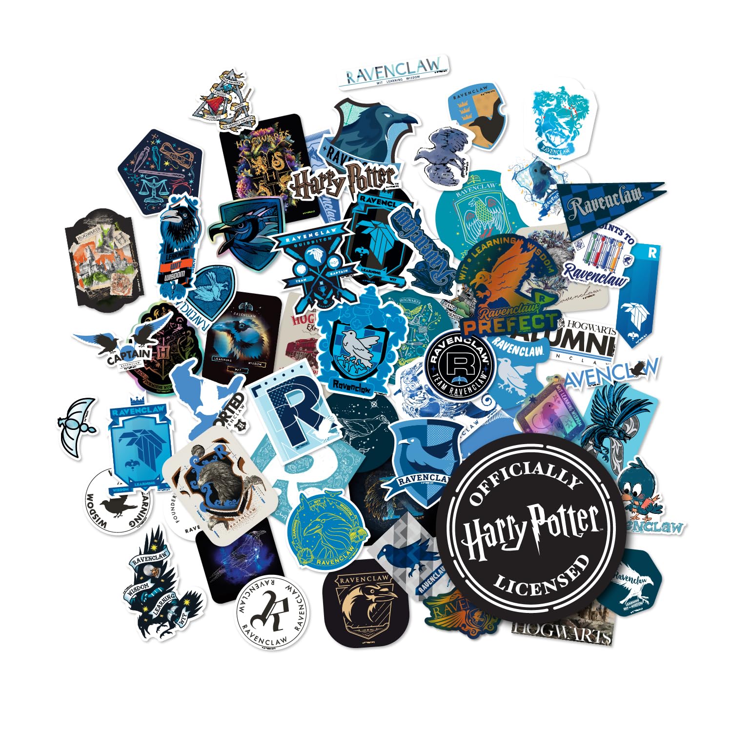 Harry Potter Ravenclaw Hogwarts House Vinyl Sticker Decal Pack, 60-Count, 5 Hologram Stickers, Waterproof, UV & Scratch-Resistant, Decals for Laptops, Water Bottles, Notes & More, Officially Licensed