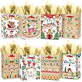 qiqee Christmas Gift Bags Bulk With Tissue Paper Medium Set of 8 Kraft Bags for Xmas Presents Party Supply (+24PCS Tissue Paper 4.3"x 7.7"x 9.6")