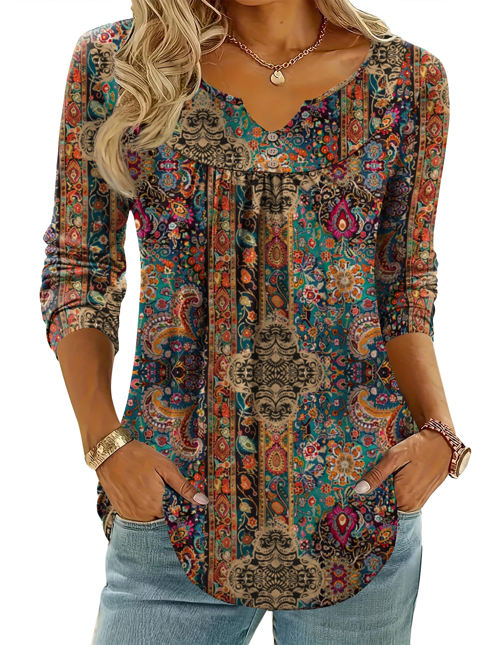 Photo 1 of *medium * Zeagoo Long Sleeve Shirts for Women Lightweight Tops Womens Business Casual Blouses V Neck Shirt Dressy Casual Summer 2025 Ethnic Style M