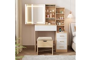 Makeup Vanity Desk with Sliding Mirror and Lights, Modern Vanity Table with 4 Drawers and 7 Storage Shelves, Dressing Table w