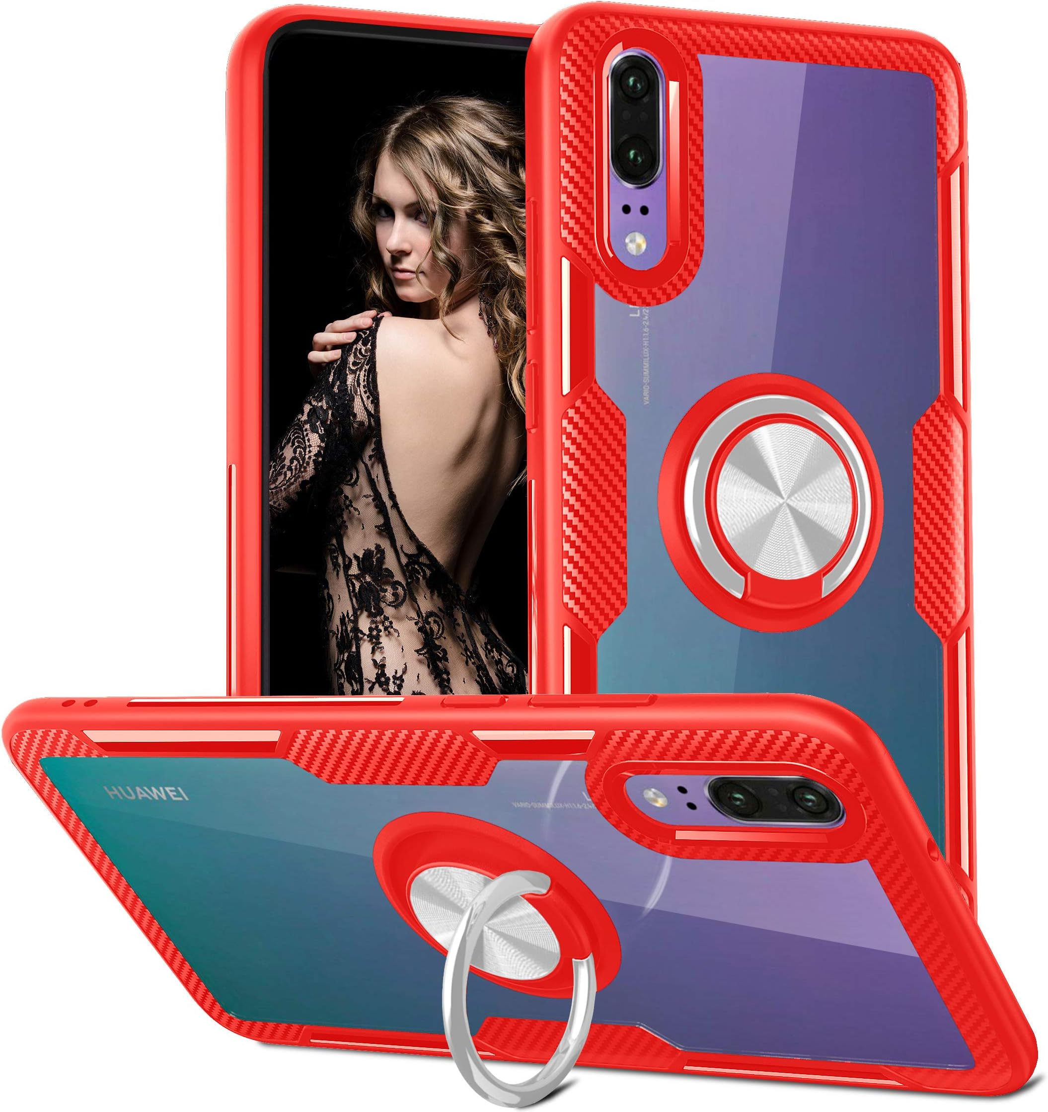 Qseel for Huawei Y5 2019 Clear Ring Armor Case, One-Piece Shockproof Cover Hybrid Defender Combined with High-Density TPU Rim, Hard Crystal PC Panel and Built-in Ring Holder (Y5 2019, Red)