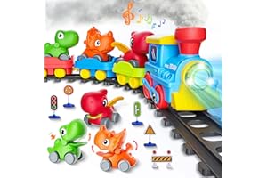 STAY FUN Train Set for Toddlers w/Steam, Music & Lights - Electric Train Toys for Kids w/Tracks Accessories, Including 3 Dinosaur Car and 3 Trailer, Christmas Birthday Gifts for 3 4 5 6+ Years Old Boys Girls.